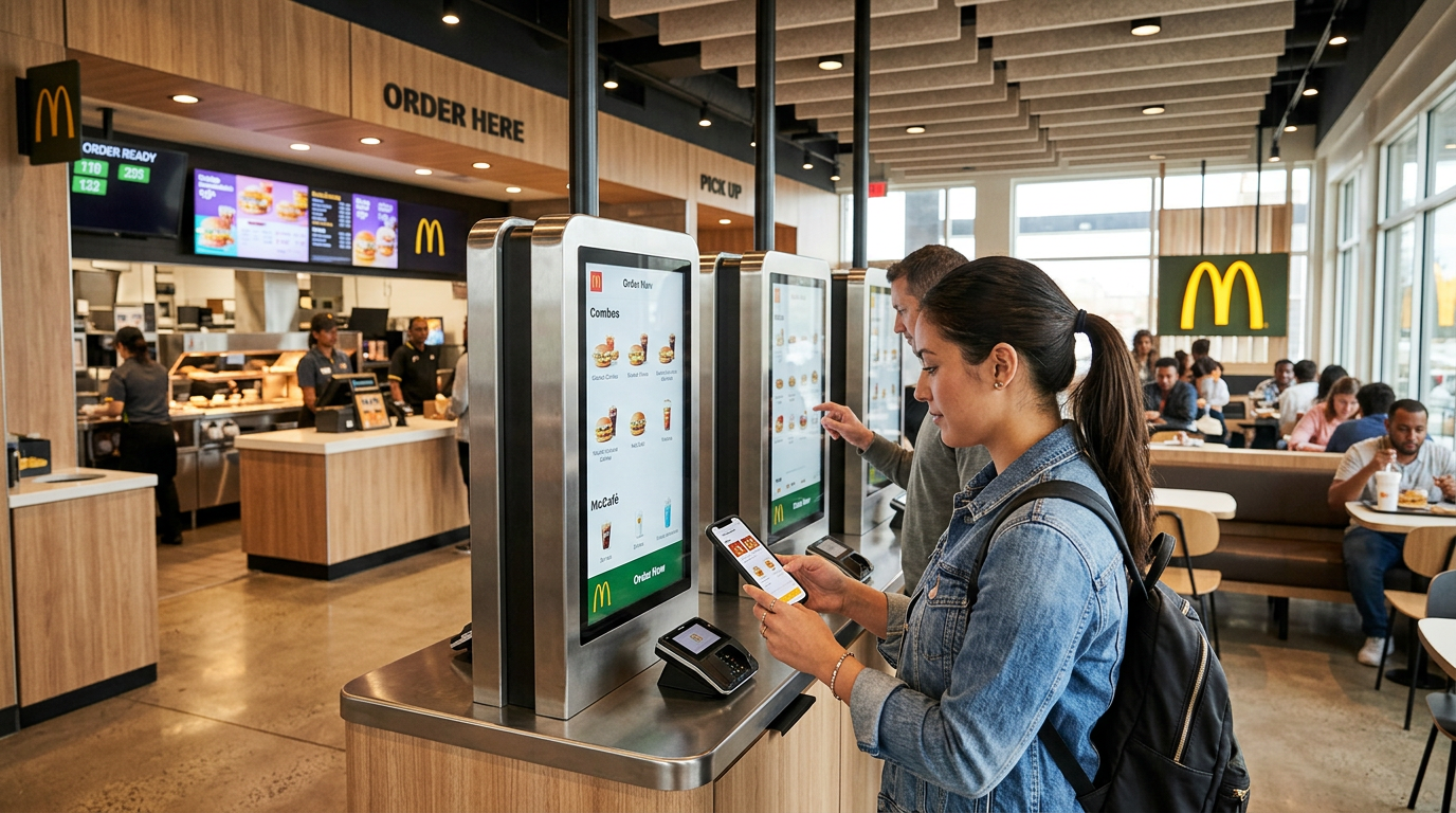 Digitální samoobslužné kiosky uvnitř restaurace McDonald's