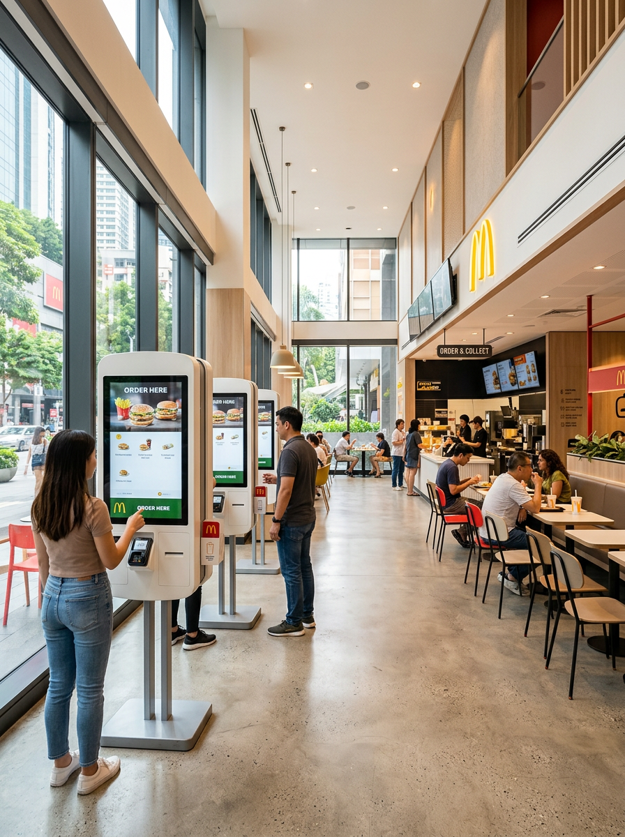 Moderní interiér restaurace McDonald's se samoobslužnými kiosky